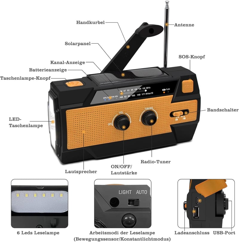 Tragbares Kurbelradio mit 4000mAh Akku und LED-Taschenlampe für Outdoor-Notsituationen