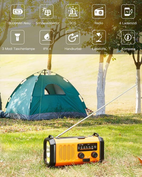Solar-Kurbelradio 13000mAh mit LED-Taschenlampe und Powerbank