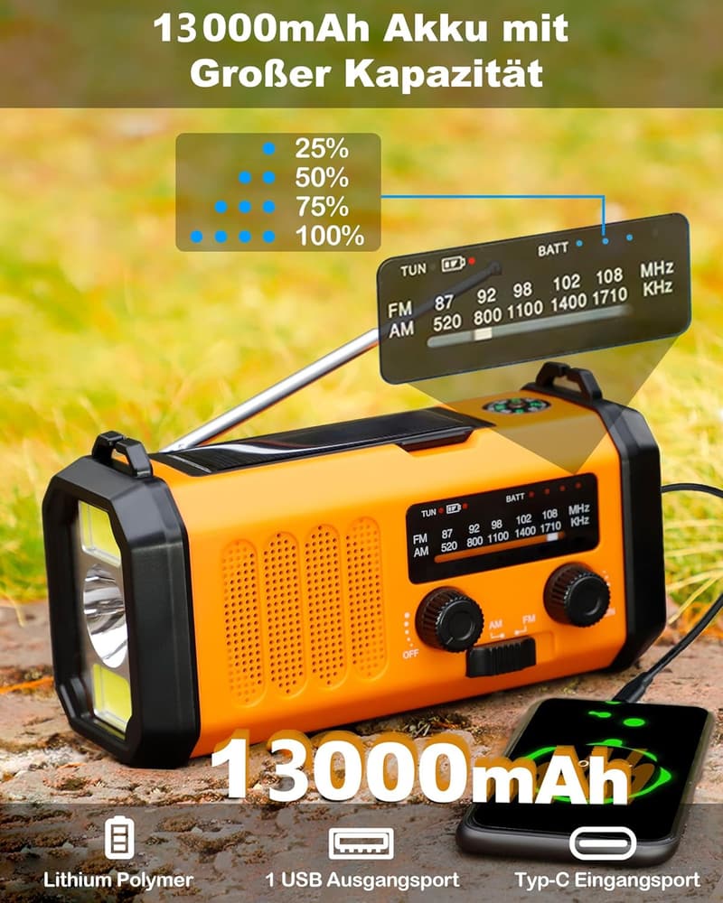 Solar-Kurbelradio 13000mAh mit LED-Taschenlampe und Powerbank