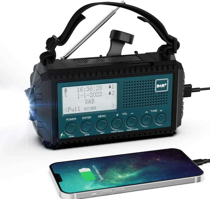 Tragbares DAB+/UKW Baustellenradio mit Solar, Akku und LED-Licht