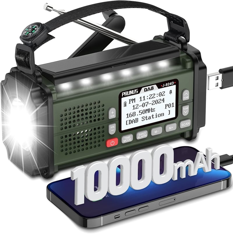 DAB+ Digitalradio mit Bluetooth und Kurbel, 10000mAh Akku, Notfallfunktionen (Grün)