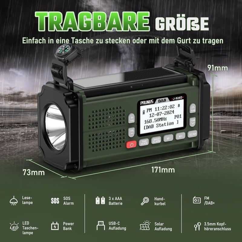 DAB+ Digitalradio mit Bluetooth und Kurbel, 10000mAh Akku, Notfallfunktionen (Grün)