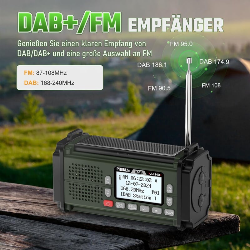 DAB+ Digitalradio mit Bluetooth und Kurbel, 10000mAh Akku, Notfallfunktionen (Grün)