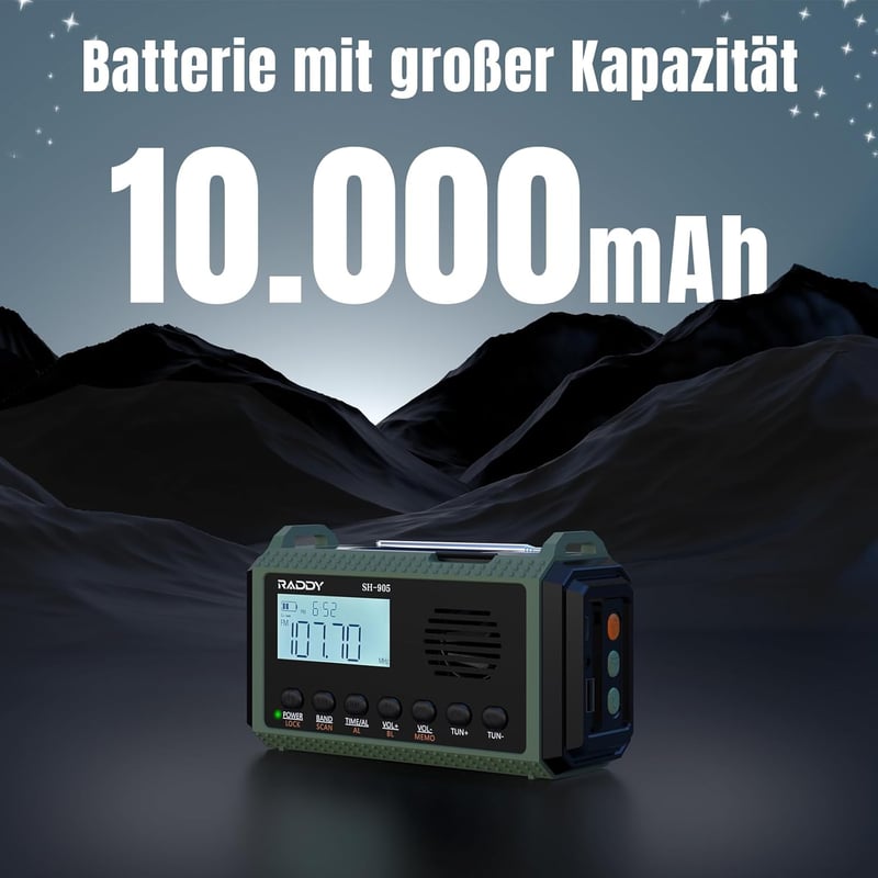 Tragbares Solar-Notfallradio mit Kurbel und Taschenlampe - Raddy SH-905