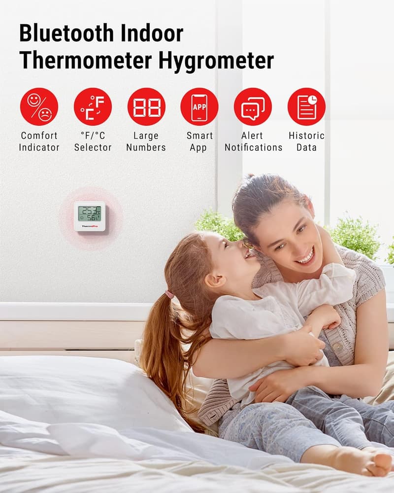 Bluetooth Hygrometer mit Smiley-Indikator für Innenräume, 80m Reichweite