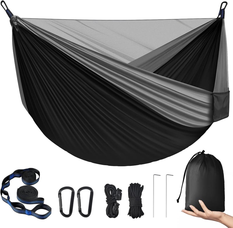 Outdoor Hängematte für 2 Personen mit Moskitonetz, 300 kg Tragkraft, grau/schwarz