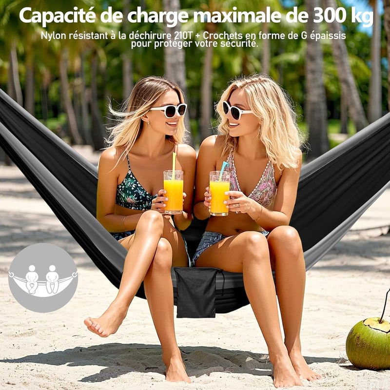 Outdoor Hängematte für 2 Personen mit Moskitonetz, 300 kg Tragkraft, grau/schwarz