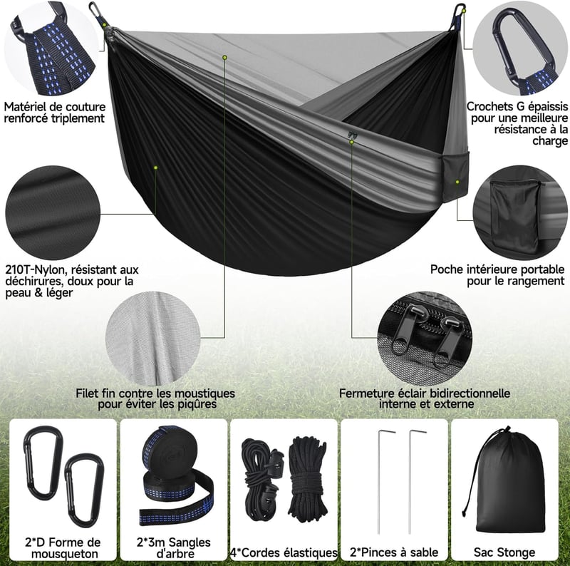 Outdoor Hängematte für 2 Personen mit Moskitonetz, 300 kg Tragkraft, grau/schwarz