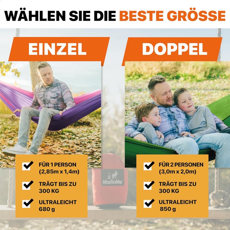Ultraleichte doppelte Hängematte für 2 Personen aus wasserdichtem Nylon