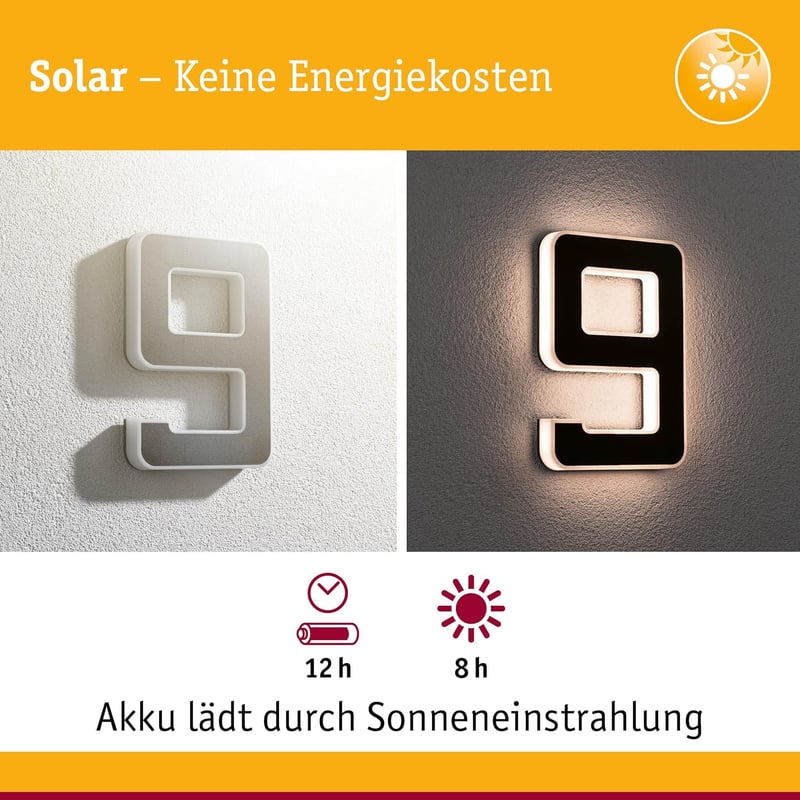 Solarbetriebene Hausnummer 9 für außen, 3000K, IP44