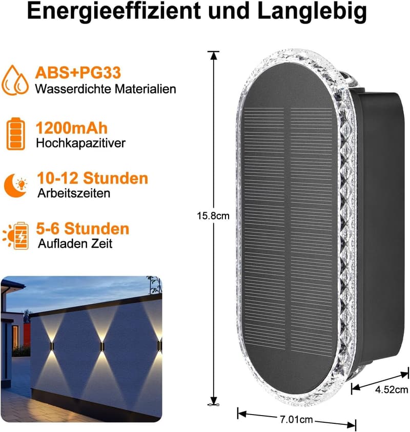 Solarlampen IP65 für Außen – Wandleuchten für Garten, 2er Set