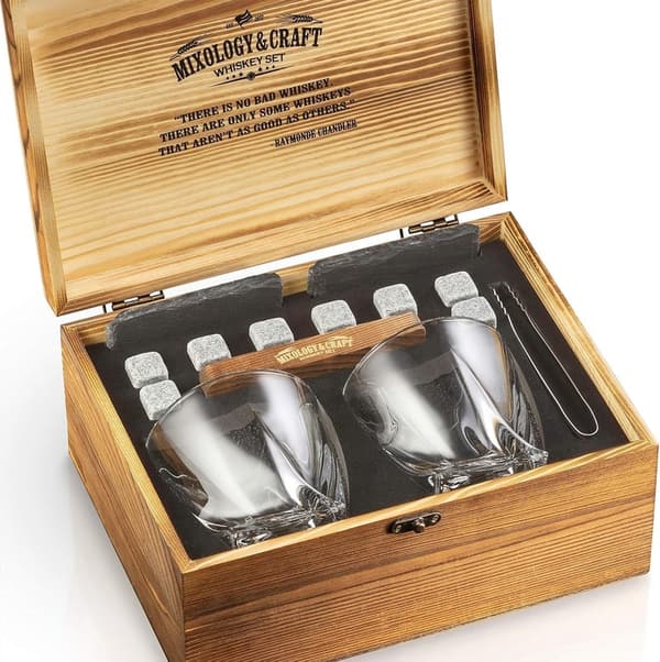 Whiskey Steine Set für Männer – 2 Gläser, 8 Granitsteine, Holzbox