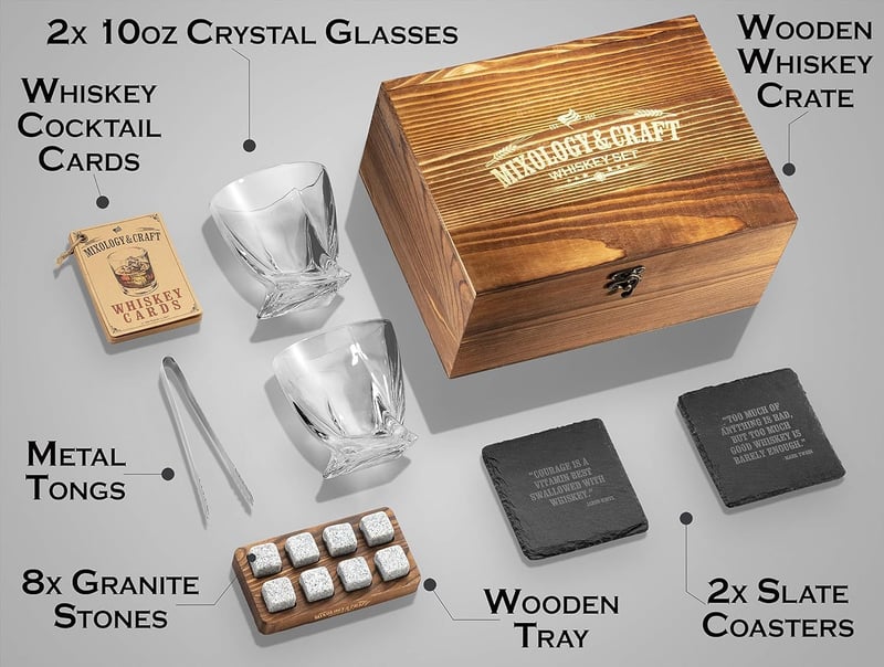 Whiskey Steine Set für Männer – 2 Gläser, 8 Granitsteine, Holzbox