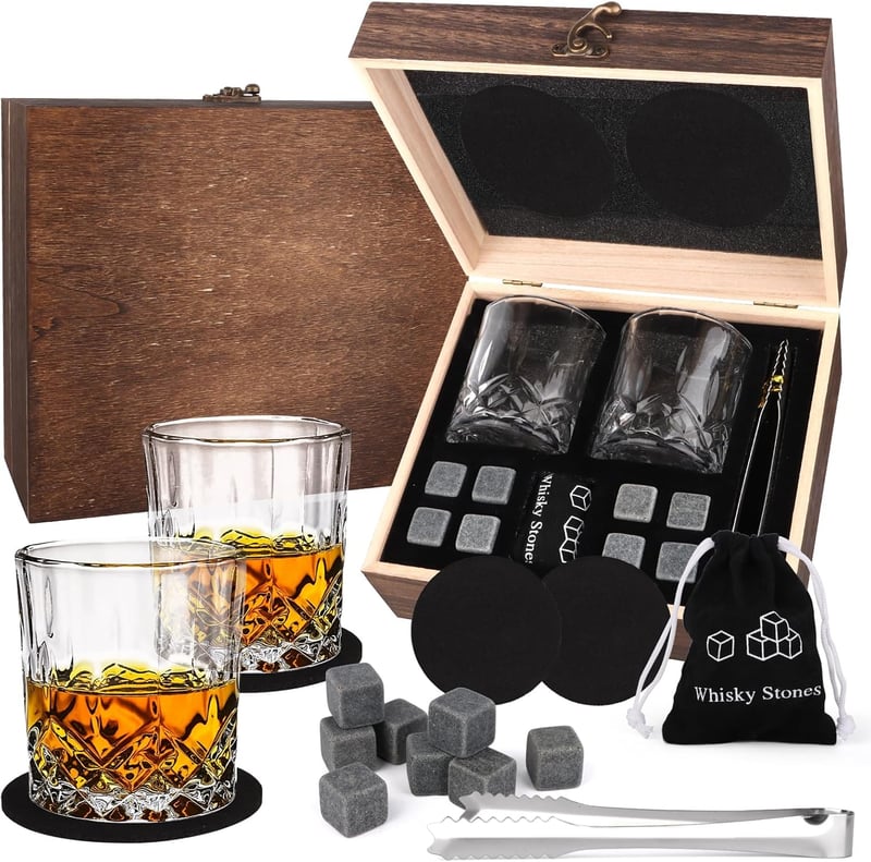 Whisky Geschenkset mit 8 Steinen und 2 Gläsern für Männer