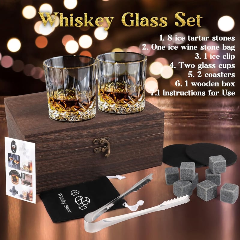 Whisky Geschenkset mit 8 Steinen und 2 Gläsern für Männer