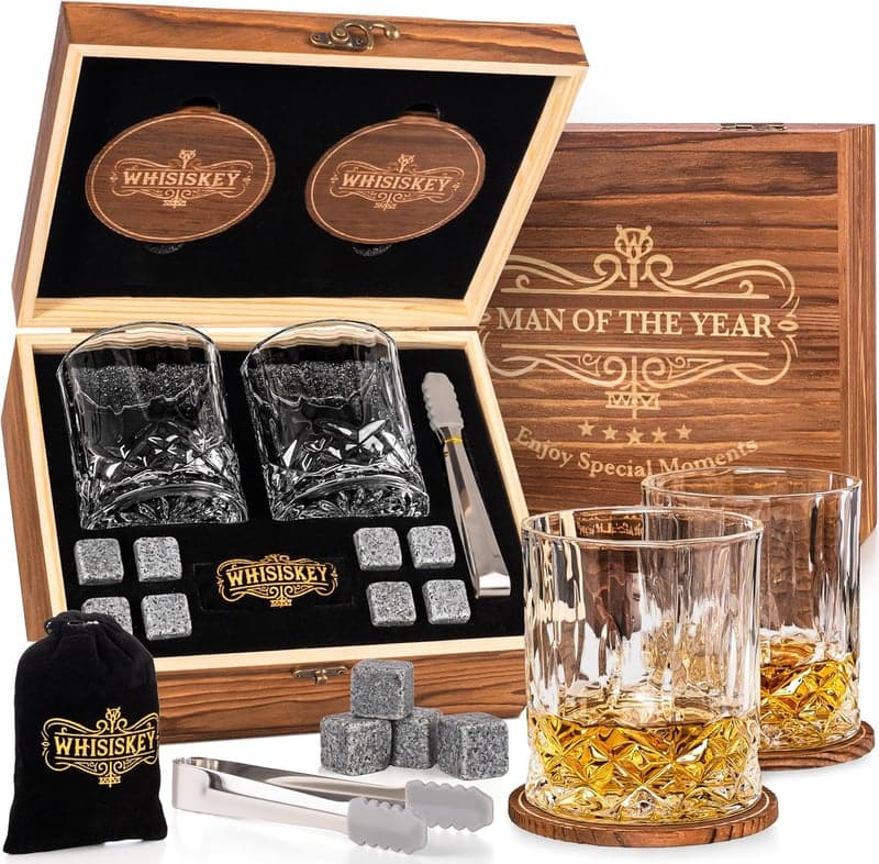 Whiskey Geschenkset mit 2 Gläsern und 8 Steinen für Männer