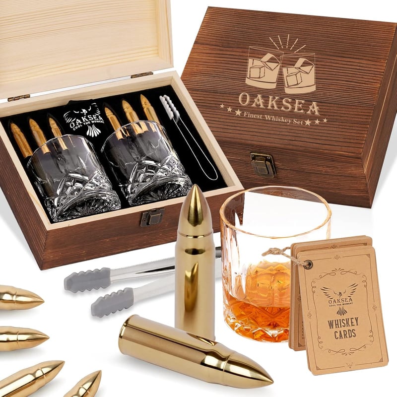 Whisky Geschenkset mit 2 Gläsern und 6 wiederverwendbaren Steinen für Männer