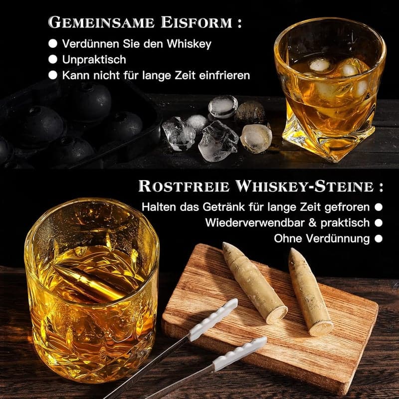 Whisky Geschenkset mit 2 Gläsern und 6 wiederverwendbaren Steinen für Männer