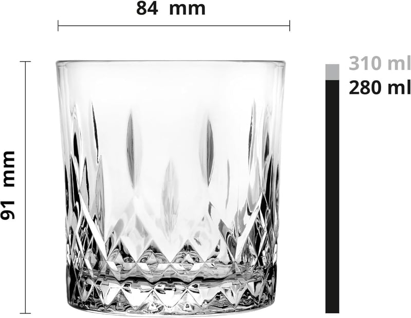 Whiskygläser Set aus geschliffenem Glas, 6 Stück, 280 ml, spülmaschinengeeignet