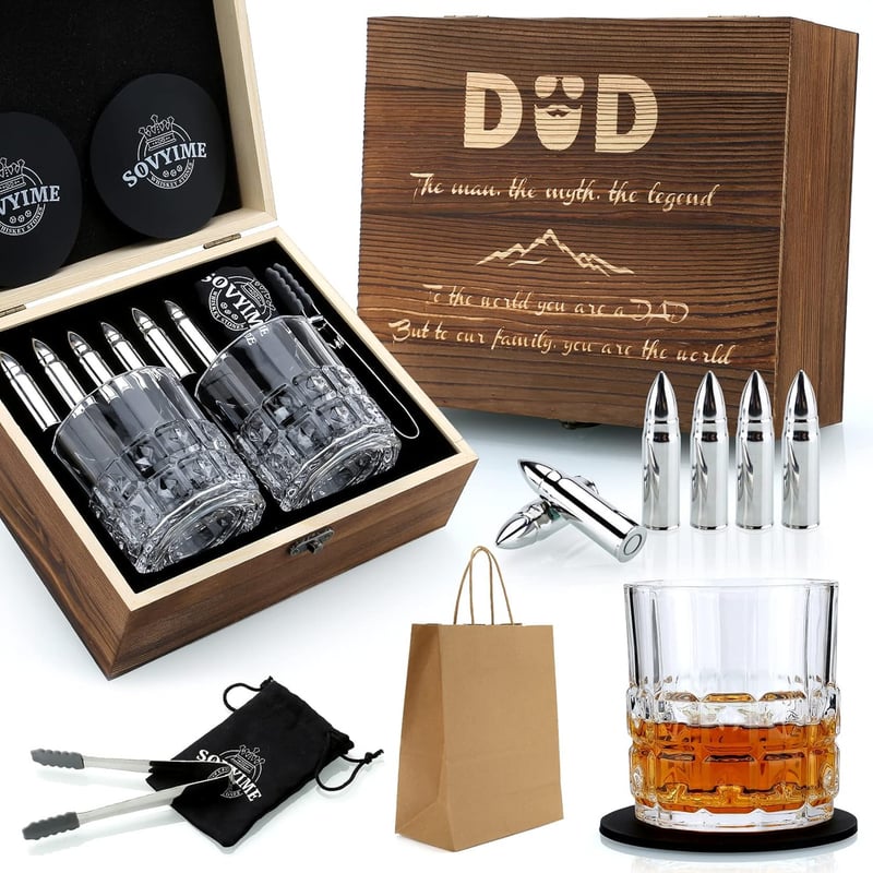 Whiskey Geschenkset für Papa: 2 Gläser & 6 Edelstahl Eiswürfel