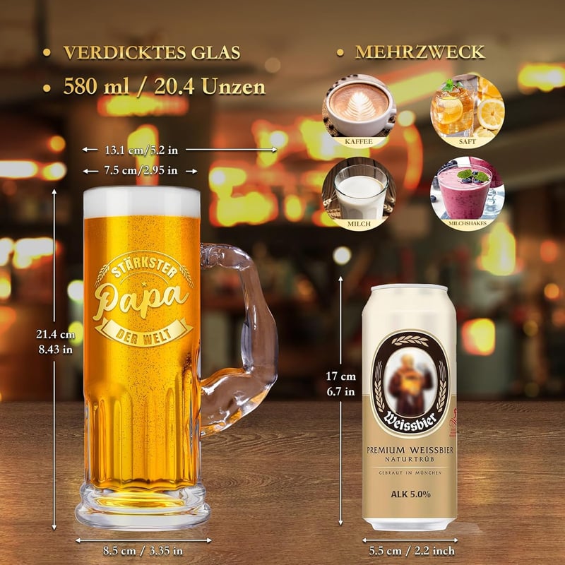 XL Bierglas für Papa – 580ml mit Henkel, ideales Vatertagsgeschenk