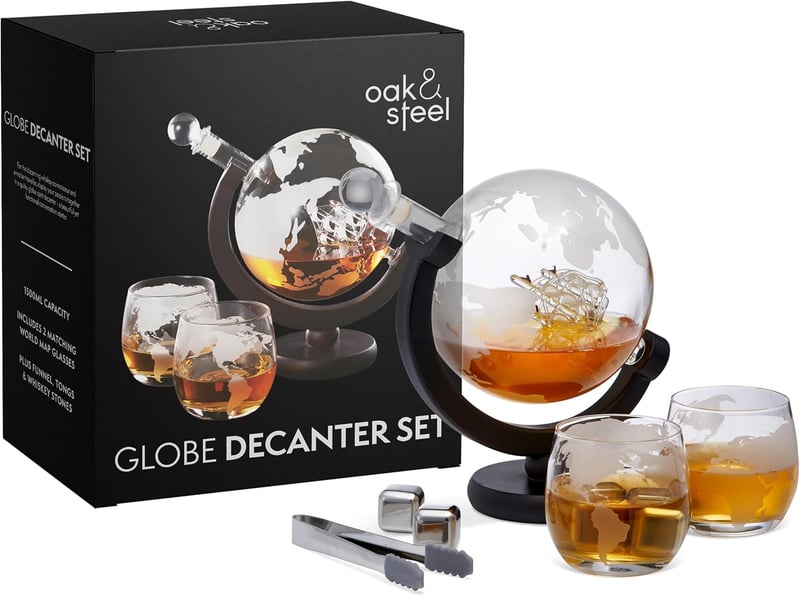 XL Whisky Dekanter-Set aus Glas mit Weltkarte - 1500ml, 2 Gläser, 4 Steine