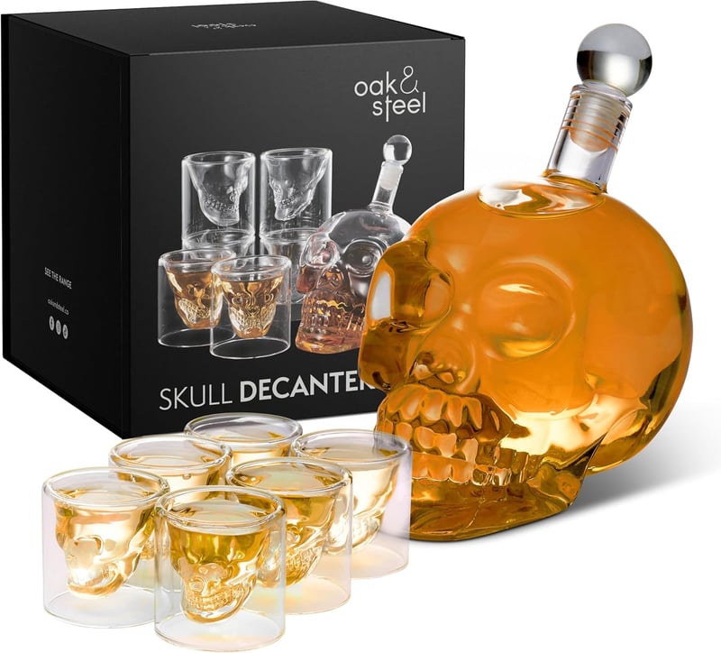 Whisky Karaffe Geschenkset mit Totenkopf Dekanter und 6 Gläsern für Männer