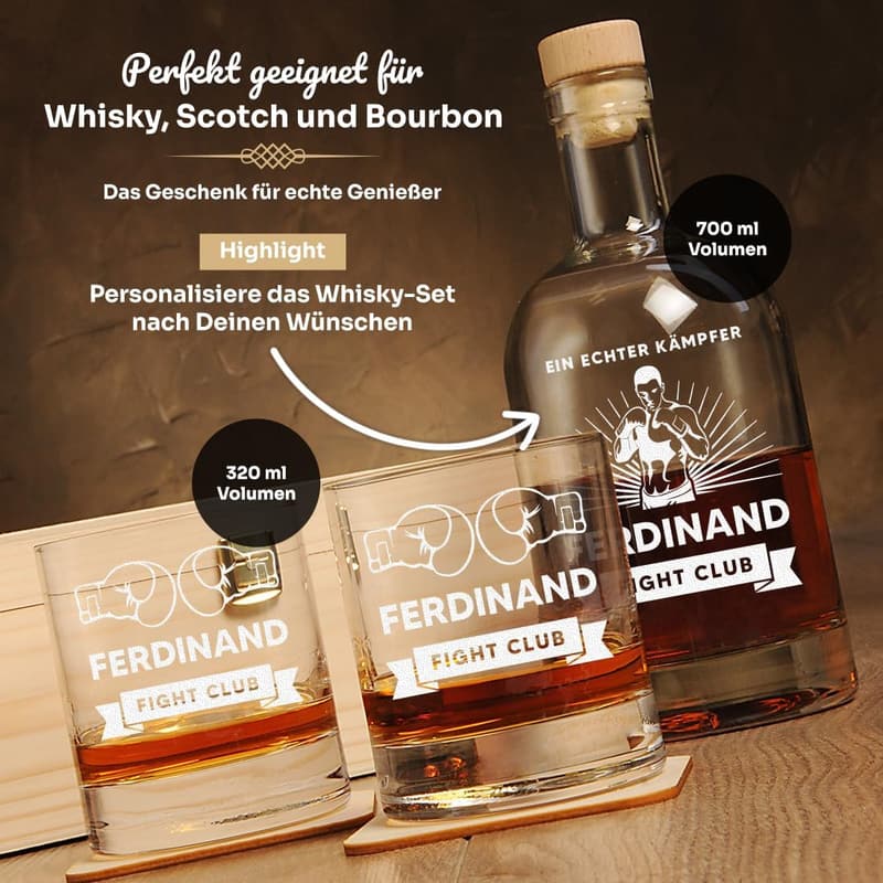 Personalisierbares Whisky-Set mit Gravur in Holzkiste für Männer