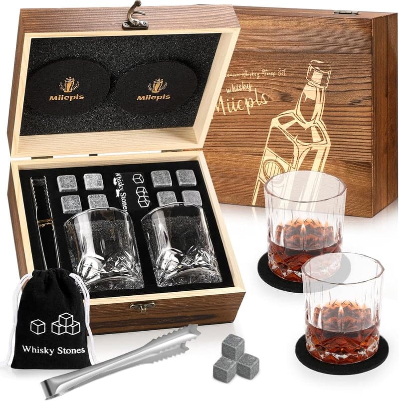 Whisky Geschenkset: 2 Twisted Gläser, 8 Steine & Untersetzer für Männer