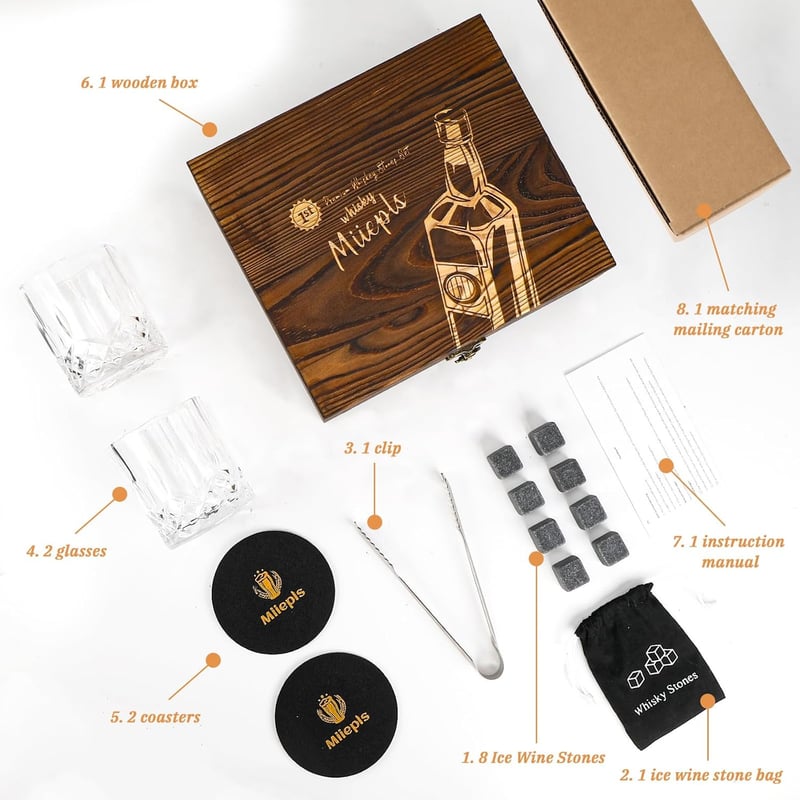 Whisky Geschenkset: 2 Twisted Gläser, 8 Steine & Untersetzer für Männer