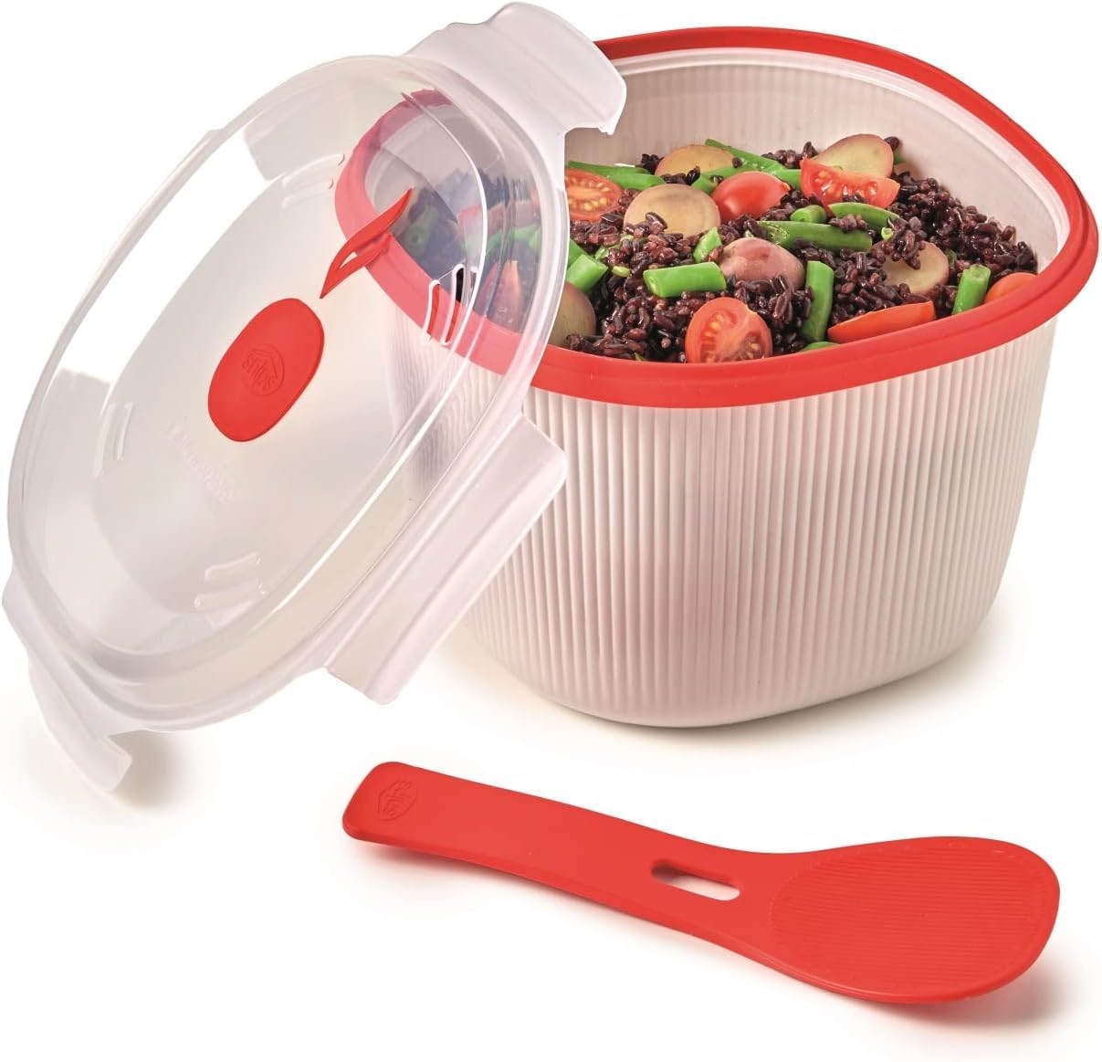 Mikrowellen-Reiskocher 2,7 l in Weiß-Rot, BPA-frei, Made in Italy