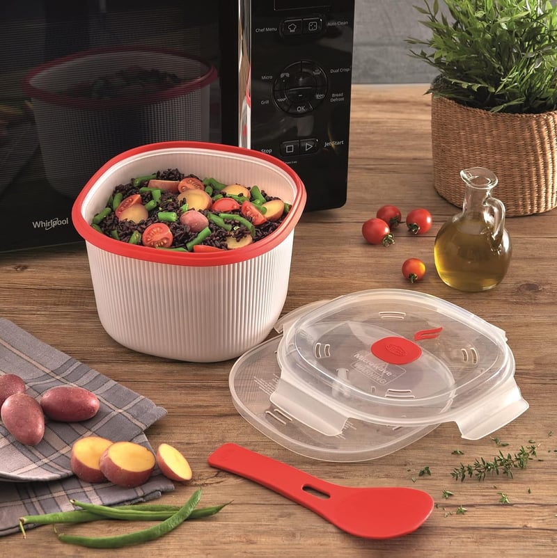 Mikrowellen-Reiskocher 2,7 l in Weiß-Rot, BPA-frei, Made in Italy