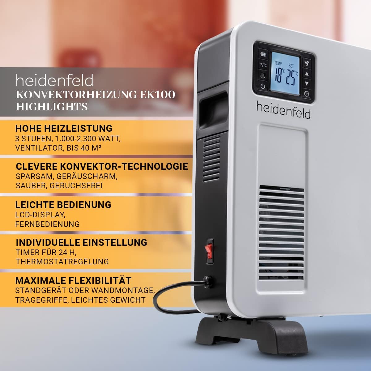 Heidenfeld Elektrische Konvektorheizung EK100 - 2300W, für bis 40 m²