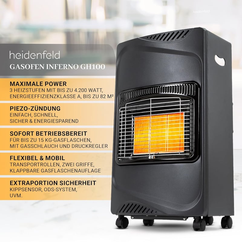 Heidenfeld Gasheizung Inferno GH100 | 4200 Watt Heizstrahler für Innenräume