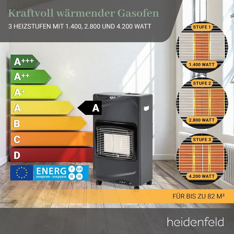 Heidenfeld Gasheizung Inferno GH100 | 4200 Watt Heizstrahler für Innenräume