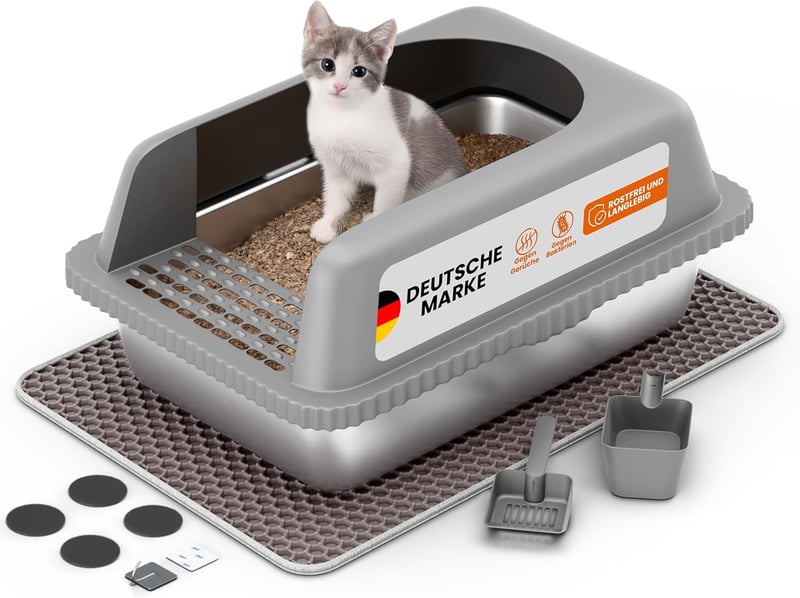 Edelstahl Katzentoilette XXL mit Wabenmatte und Schaufel, 60 x 40 x 28 cm