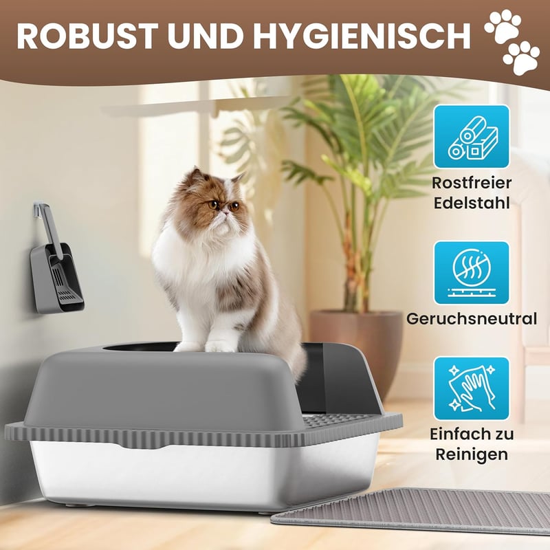 Edelstahl Katzentoilette XXL mit Wabenmatte und Schaufel, 60 x 40 x 28 cm