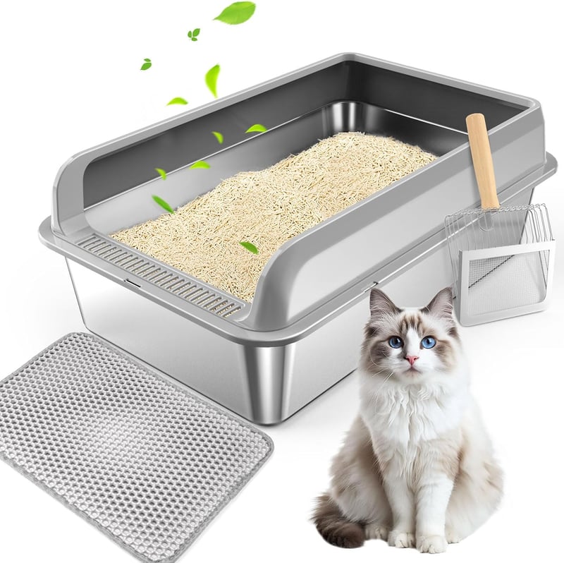 Edelstahl Katzentoilette mit Deckel und Spritzschutz - antibakteriell, leicht zu reinigen
