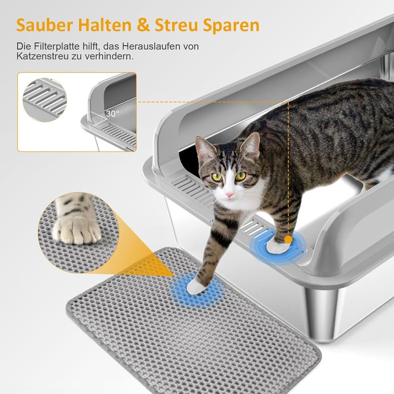 Edelstahl Katzentoilette mit Deckel und Spritzschutz - antibakteriell, leicht zu reinigen