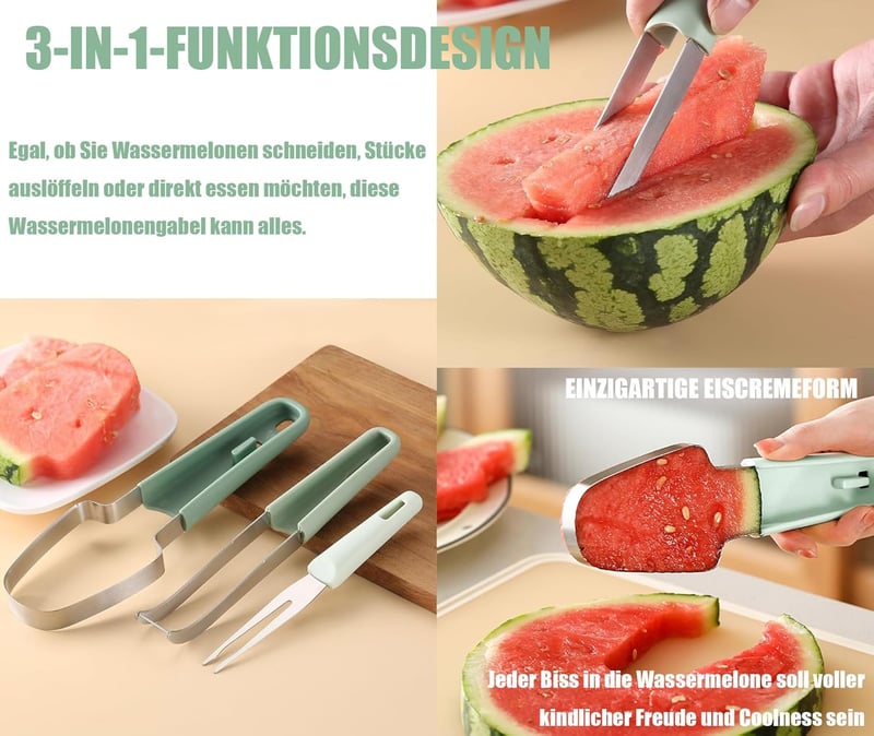 Edelstahl Melonenschneider 3-in-1 mit Kugelausstecher und Gabel