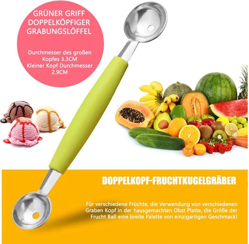 Edelstahl Melonenschneider 3-in-1 mit Kugelausstecher und Gabel