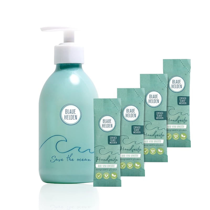 Blaue Helden Aloe Vera Handseife Starterset mit 4 Nachfüll-Pulver