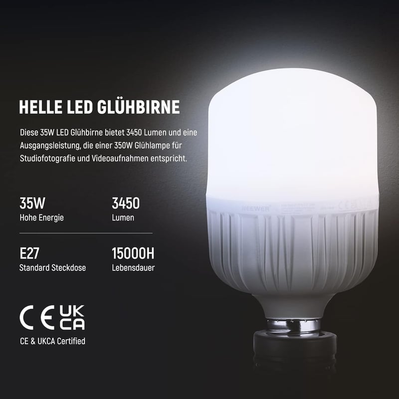 NEEWER LED Glühbirnen E27 35W – 2er Pack für Video Fotografie, 3450 Lumen