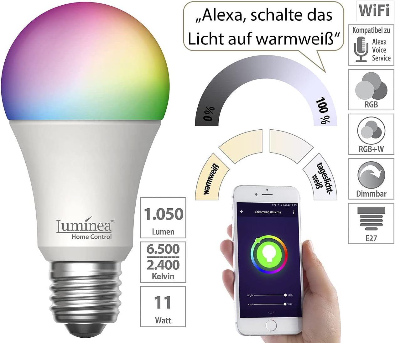WLAN RGB-CCT LED-Lampe E27, 11 W – Smart Lampen für Stimmungslicht
