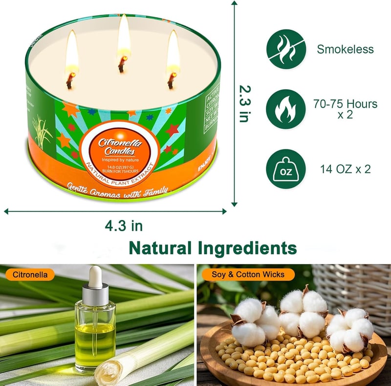 Aottom Citronella Gartenkerze 2 x 400g - Natürlicher Sojawachs, 160 Std. Brennzeit
