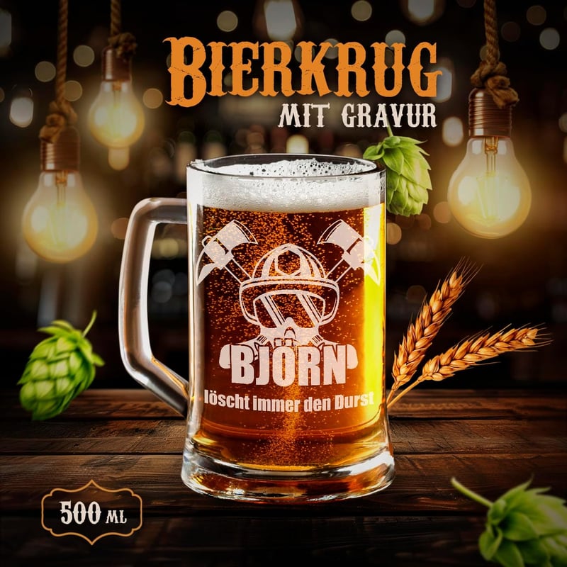 Personalisierter Bierkrug mit Gravur für Herren - 500 ml - Feuerwehrmann
