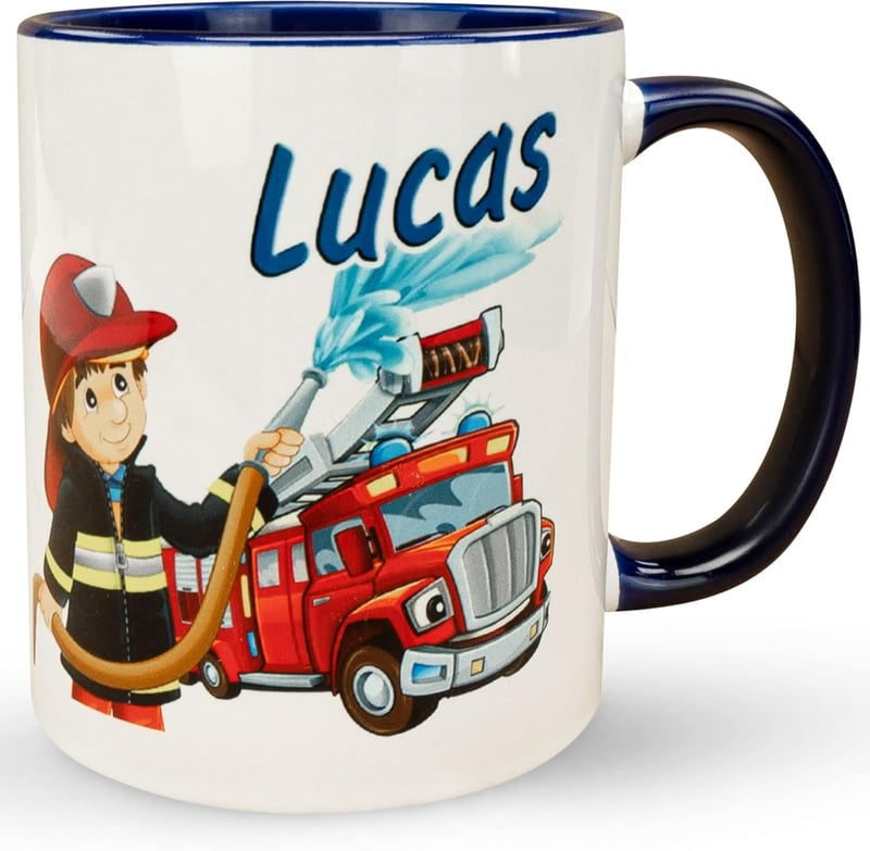 Personalisierte Keramiktasse mit Feuerwehr-Motiv für Kinder und Erwachsene
