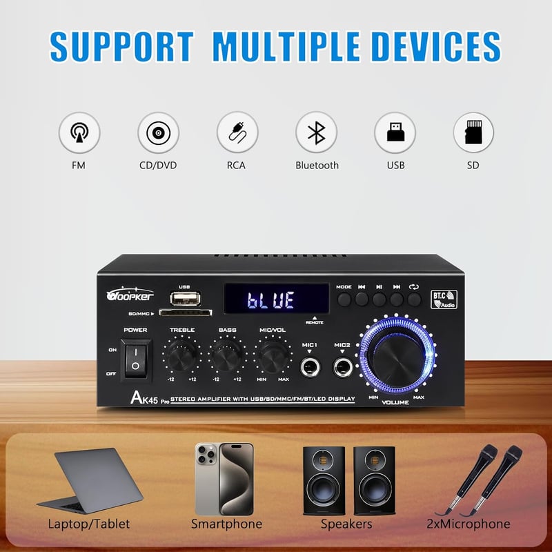 WOOPKER AK45 Pro 500W HiFi Mini Verstärker mit Bluetooth und Radio