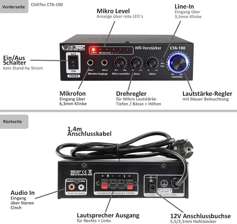 ChiliTec HiFi-Verstärker 100W Mini Stereo Endstufe für PC und Gaming