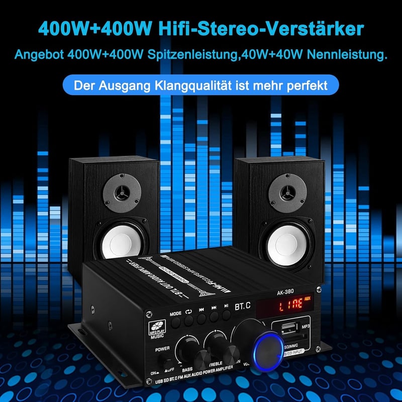 Mini HiFi Verstärker 2.0 Kanal 40W mit USB, SD und UKW-Radio